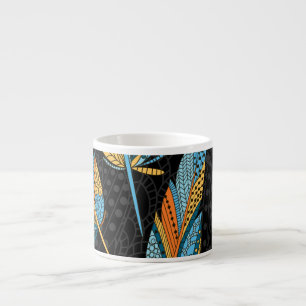 Hand-drawn feathers: colorful background. espresso cup