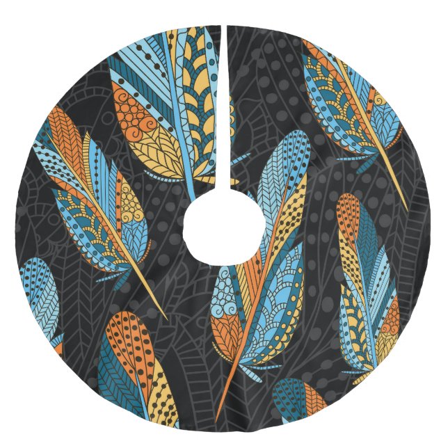 Hand-drawn feathers: colourful background. brushed polyester tree skirt (Front)