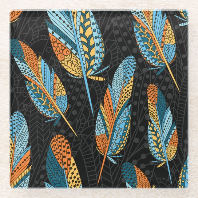 Hand-drawn feathers: colourful background. glass coaster (Front)