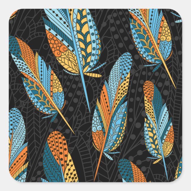 Hand-drawn feathers: colourful background. square sticker (Front)