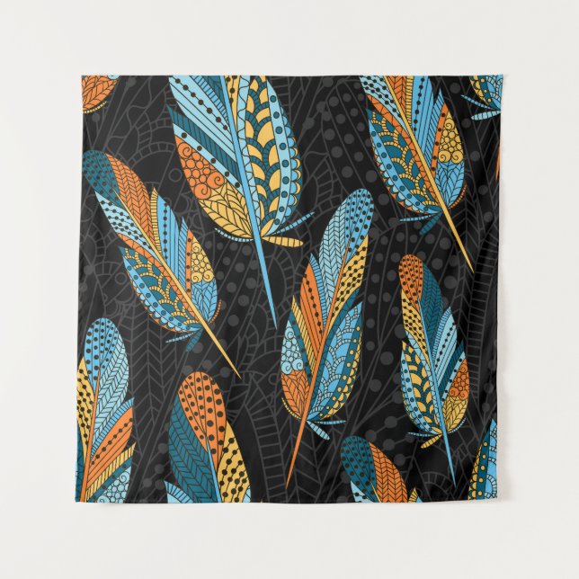 Hand-drawn feathers: colourful background. tapestry (Front)