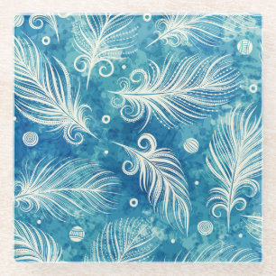 Hand Drawn Feathers: Seamless Pattern Glass Coaster