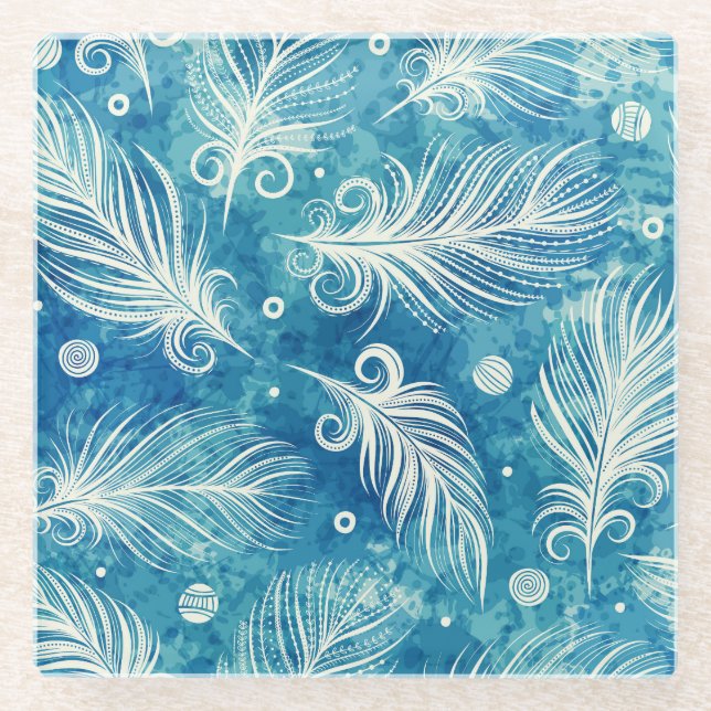 Hand Drawn Feathers: Seamless Pattern Glass Coaster (Front)