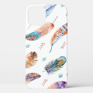 Hand Drawn Feathers: White Background Pattern iPhone 12 Case