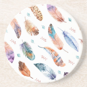 Hand Drawn Feathers: White Background Pattern Coaster