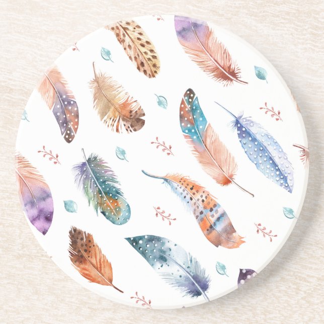 Hand Drawn Feathers: White Background Pattern Coaster (Front)