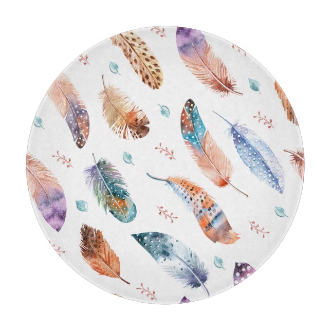 Hand Drawn Feathers: White Background Pattern Cutting Board (Front)