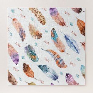 Hand Drawn Feathers: White Background Pattern Jigsaw Puzzle