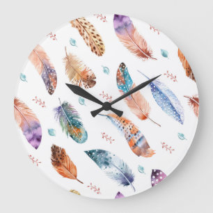 Hand Drawn Feathers: White Background Pattern Large Clock