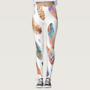 Hand Drawn Feathers: White Background Pattern Leggings