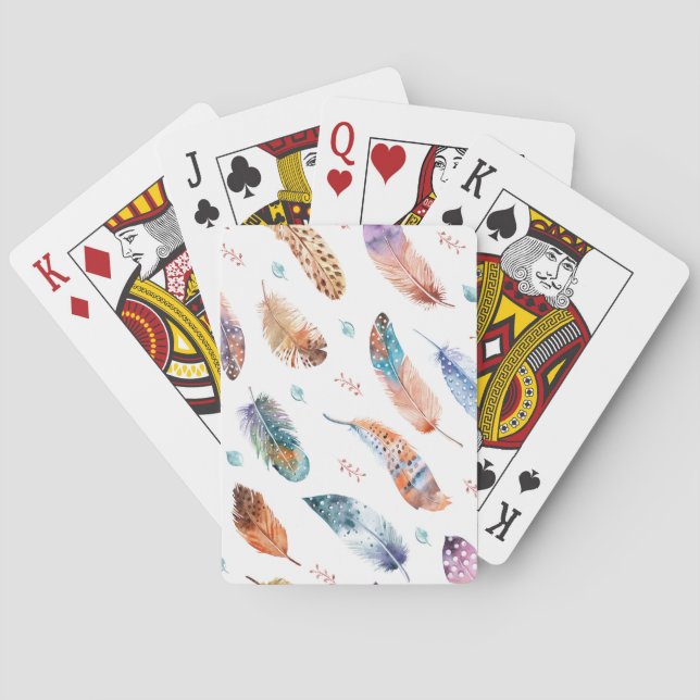 Hand Drawn Feathers: White Background Pattern Playing Cards (Back)