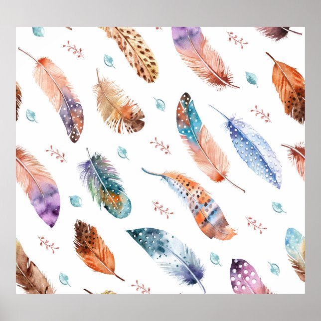 Hand Drawn Feathers: White Background Pattern Poster (Front)
