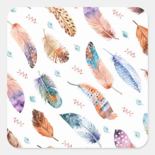 Hand Drawn Feathers: White Background Pattern Square Sticker