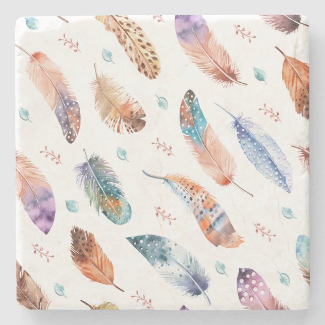 Hand Drawn Feathers: White Background Pattern Stone Coaster (Front)