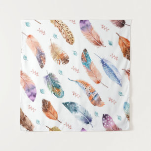 Hand Drawn Feathers: White Background Pattern Tapestry