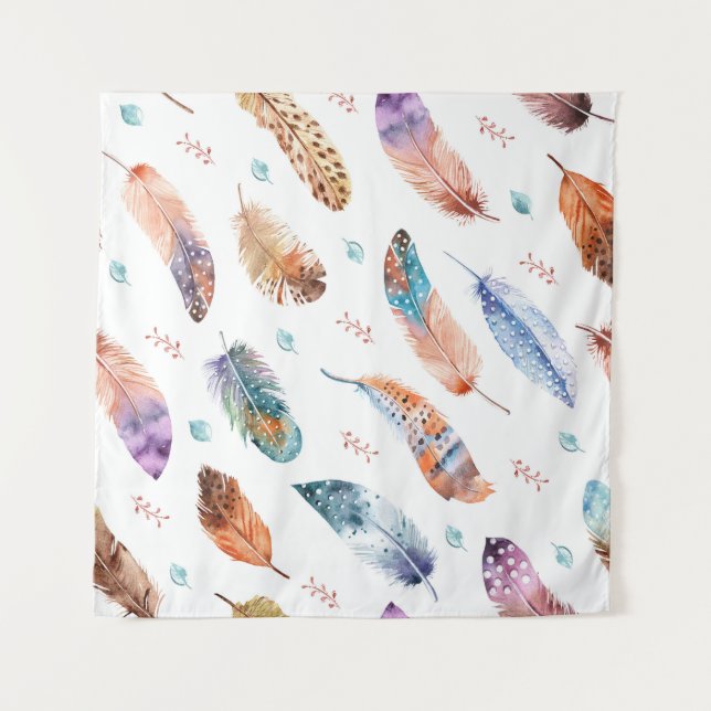 Hand Drawn Feathers: White Background Pattern Tapestry (Front)