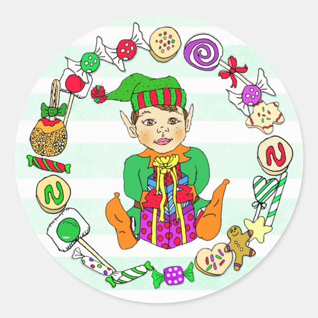 Hand drawn Festive Whimsical Christmas Elf & Candy Classic Round Sticker (Front)