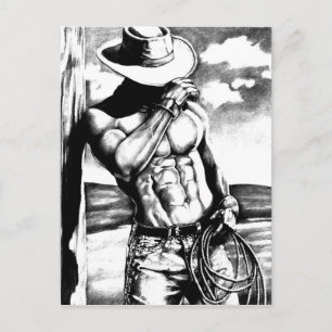 Hand-drawn Fine Art Masculine Western Cowboy Postcard