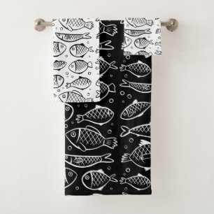 Hand Drawn Fish and Bubbles Black and White ID489 Bath Towel Set