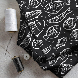 Hand Drawn Fish and Bubbles Black and White ID489 Fabric