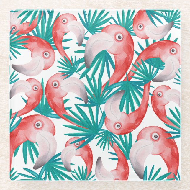 Hand-drawn flamingo: watercolor seamless pattern. glass coaster (Front)