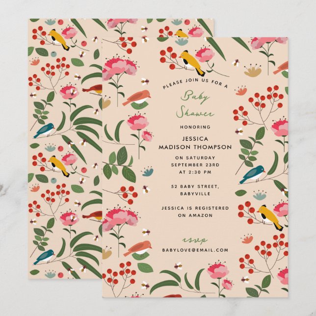 Hand Drawn Floral Birds Bees Botanical Baby Shower Invitation (Front/Back)