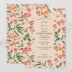 Hand Drawn Floral Birds Bees Botanical Baby Shower Invitation