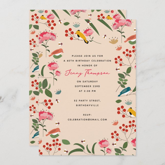 Hand Drawn Floral Birds Bees Botanical Birthday Invitation (Front/Back)