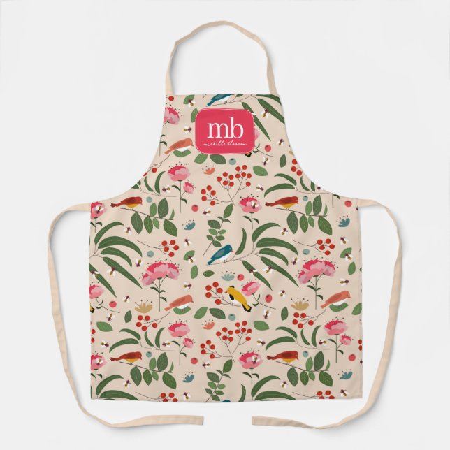 Hand Drawn Floral Birds Bees Botanical Monogram Apron (Front)