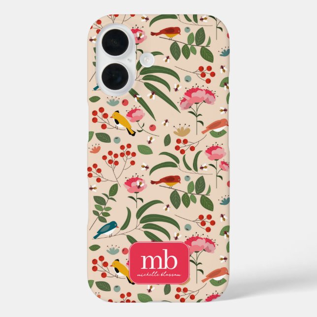 Hand Drawn Floral Birds Bees Botanical Monogram Case-Mate iPhone Case (Back)