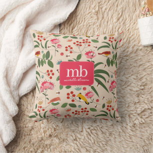 Hand Drawn Floral Birds Bees Botanical Monogram Cushion