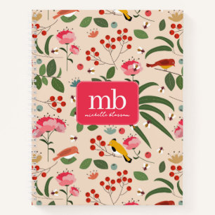Hand Drawn Floral Birds Bees Botanical Monogram Notebook
