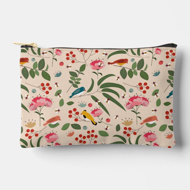 Hand Drawn Floral Birds Bees Botanical Pattern Accessory Pouch (Front)