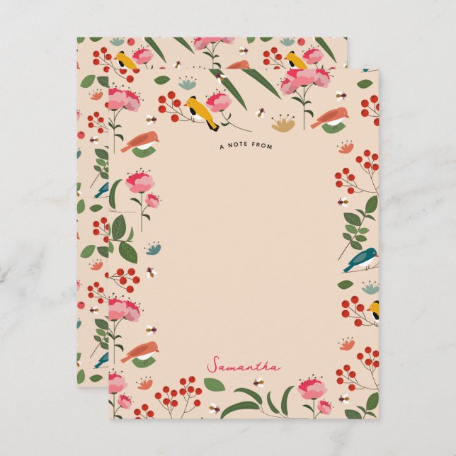 Hand Drawn Floral Birds Bees Botanical Pattern Card (Front/Back)