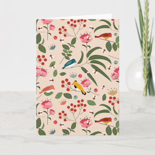 Hand Drawn Floral Birds Bees Botanical Pattern Card (Front)