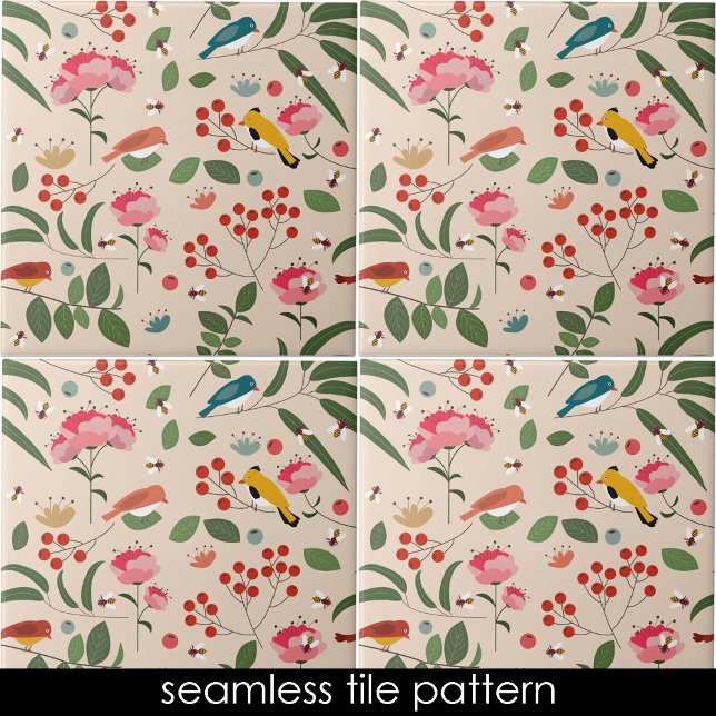 Hand Drawn Floral Birds Bees Botanical Pattern Ceramic Tile (Hand Drawn Floral Birds Bees Botanical Pattern Ceramic Tile)