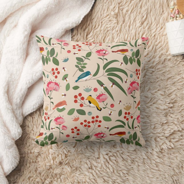 Hand Drawn Floral Birds Bees Botanical Pattern Cushion (Blanket)