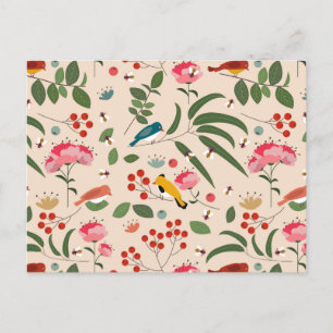 Hand Drawn Floral Birds Bees Botanical Pattern Holiday Postcard
