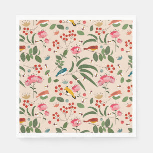 Hand Drawn Floral Birds Bees Botanical Pattern Napkin