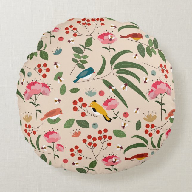 Hand Drawn Floral Birds Bees Botanical Pattern Round Cushion (Front)