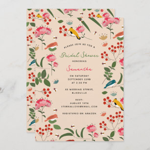 Hand Drawn Floral Birds Bees Floral Bridal Shower Invitation