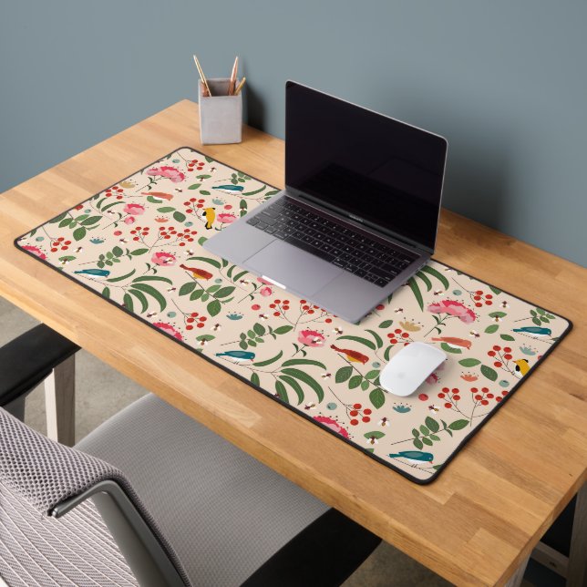 Hand Drawn Floral Birds Bees Pattern Desk Mat (Office 2)
