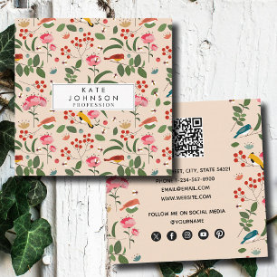 Hand Drawn Floral Birds Bees Pattern Square Business Card