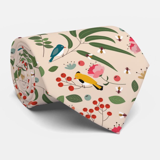 Hand Drawn Floral Birds Botanical Pattern Tie (Rolled)