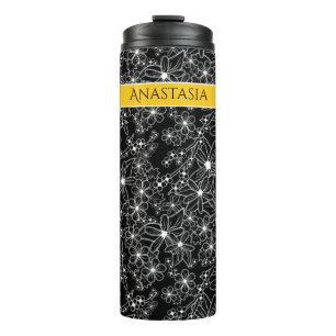 Hand Drawn Floral Black White Pattern Yellow Name Thermal Tumbler