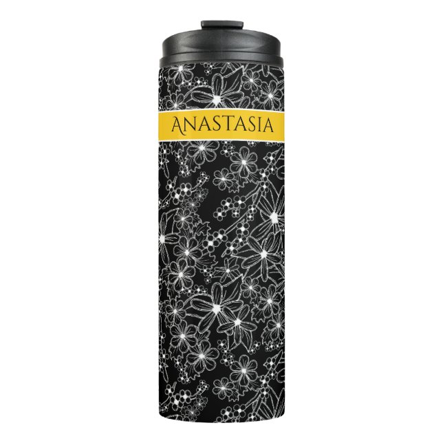 Hand Drawn Floral Black White Pattern Yellow Name Thermal Tumbler (Front)