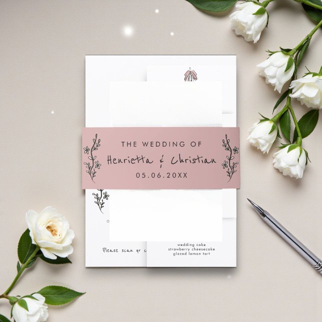 Hand Drawn Floral Blush Wedding Invitation Belly Band (Creator Uploaded)