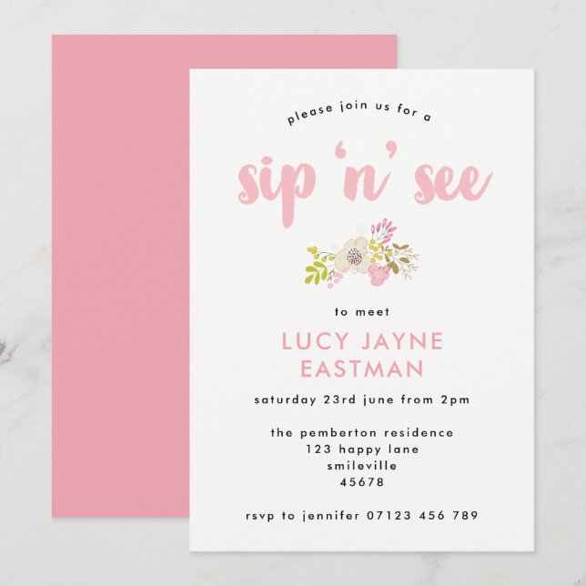 Hand Drawn Floral Bouquet Sip and See Invitation (Front/Back)