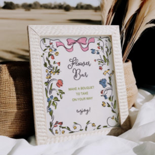 Hand Drawn Floral Bow Bridal Shower Flower Bar Poster