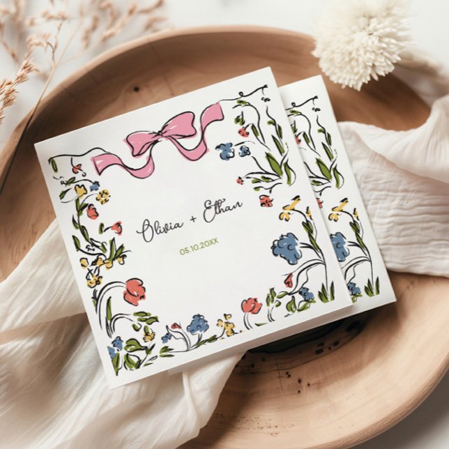 Hand Drawn Floral Bow Wedding Napkin (Creator Uploaded)